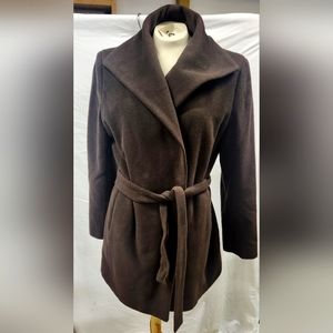 Calvin Klein Belted Wool/Angora Blend Brown Lined Long Sleeve Button up Jacket